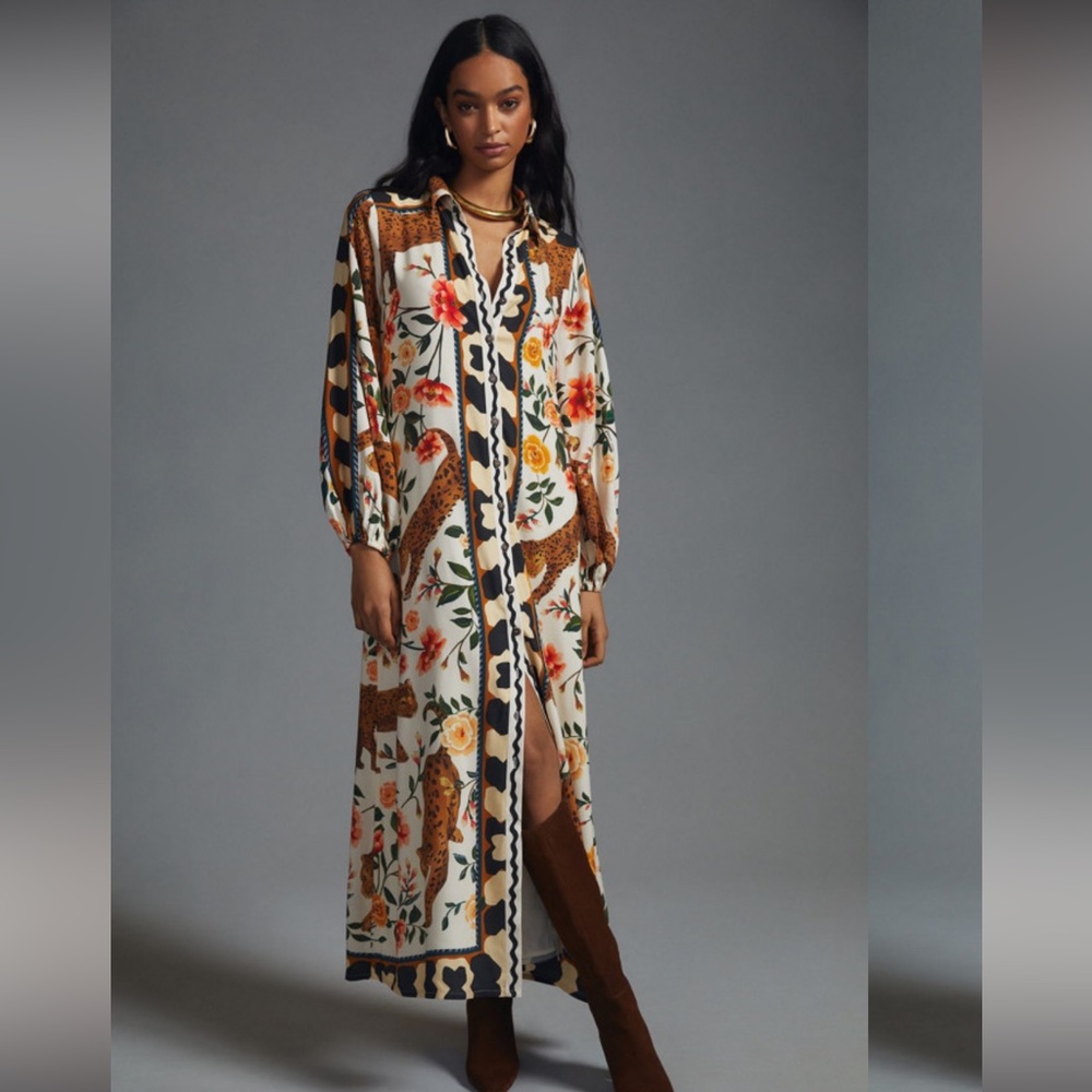 FARM Rio Cream and Brown Buttoned Maxi Dress with Notched Collar